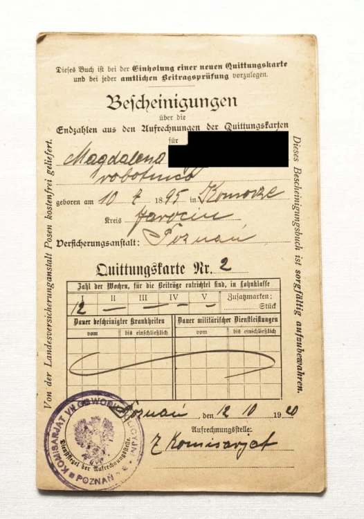 STARY DOKUMENT - CERTYFIKAT UBEZPIECZENIA, JAROCIN / POZNAŃ 1920