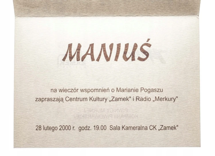 ZAPROSZENIE NA WIECZÓR WSPOMNIEŃ, MARIAN POGASZ (STARY MARYCH), POZNAŃ 2000