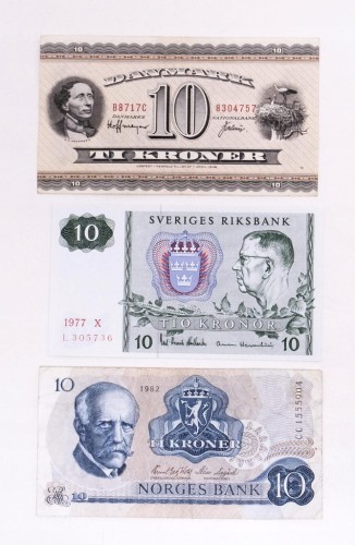 Skandynawia, zestaw 3 banknotów 10 koron