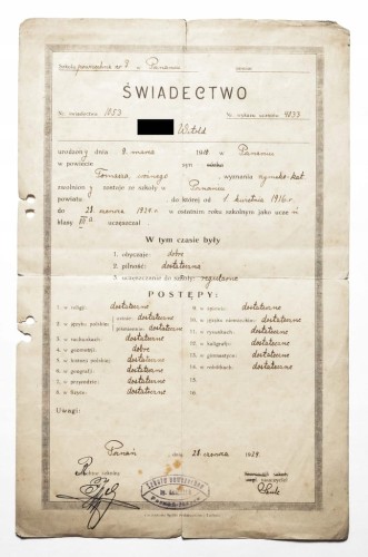 ŚWIADECTWO - SZKOŁA POWSZECHNA NR. 7, POZNAŃ JEŻYCE 1924