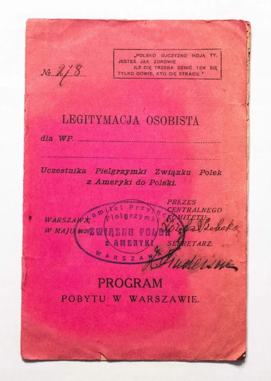 LEGITYMACJA - PIELGRZYMKA ZWIĄZKU POLEK Z AMERYKI DO POLSKI, WARSZAWA II RP