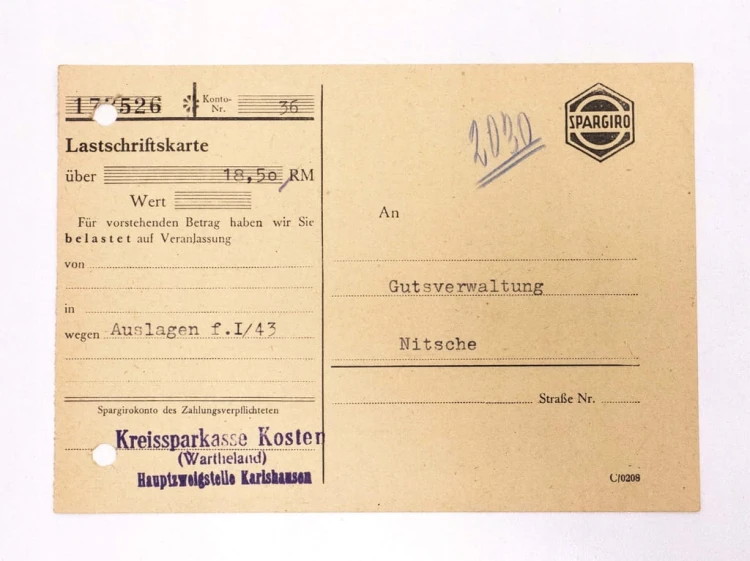 STARY DOKUMENT SPARGIRO CZEMPIŃ / KOŚCIAN 1943