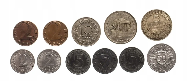Austria, zestaw monet obiegowych 1925-78 (11 szt.)