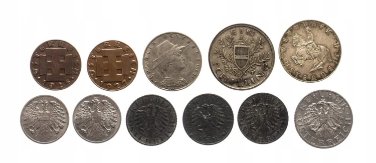 Austria, zestaw monet obiegowych 1925-78 (11 szt.)