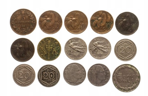 Włochy,zestaw monet obiegowych 1861-1942 (15 szt.)