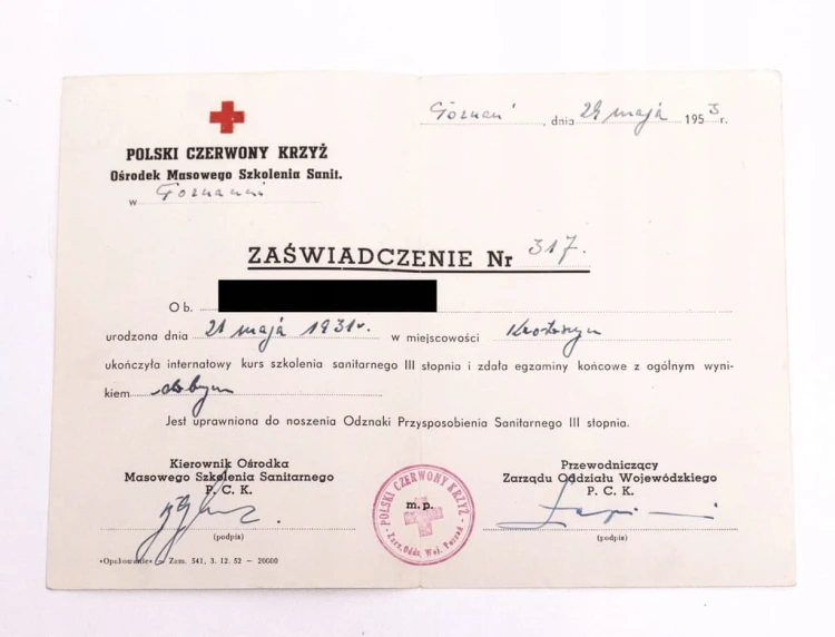 DYPLOM + ZDJĘCIA KURS PCK KROTOSZYN / POZNAŃ 1953