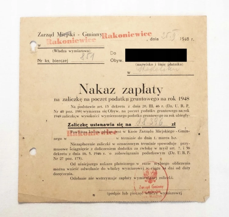 STARE PISMO, NAKAZ ZAPŁATY - RAKONIEWICE 1948