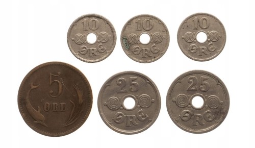 Dania, zestaw monet obiegowych 1874-1939 (6 szt.)