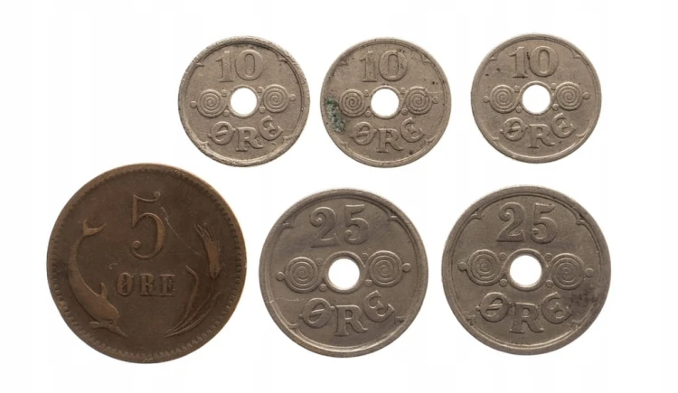 Dania, zestaw monet obiegowych 1874-1939 (6 szt.)