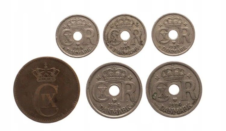 Dania, zestaw monet obiegowych 1874-1939 (6 szt.)