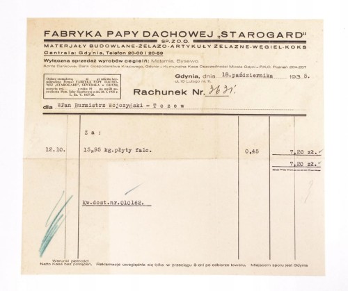 RACHUNEK FABR. PAPY DACHOWEJ STAROGARD GDYNIA 1935