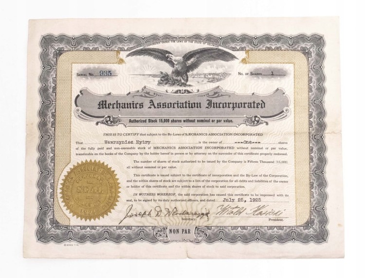 Certyfikat Mechanics Association Incorporated 1924