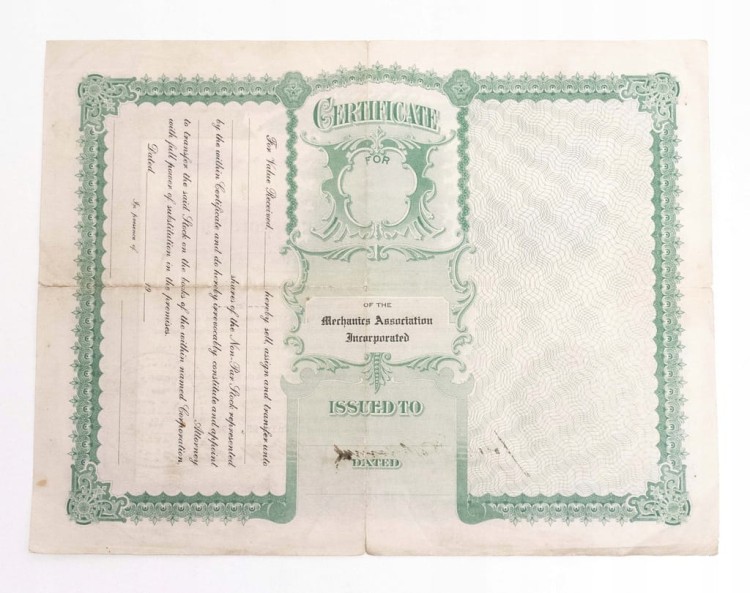 Certyfikat Mechanics Association Incorporated 1924