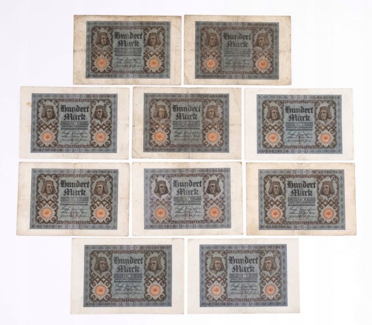 Niemcy, zestaw 10 banknotów 100 marek XI 1920