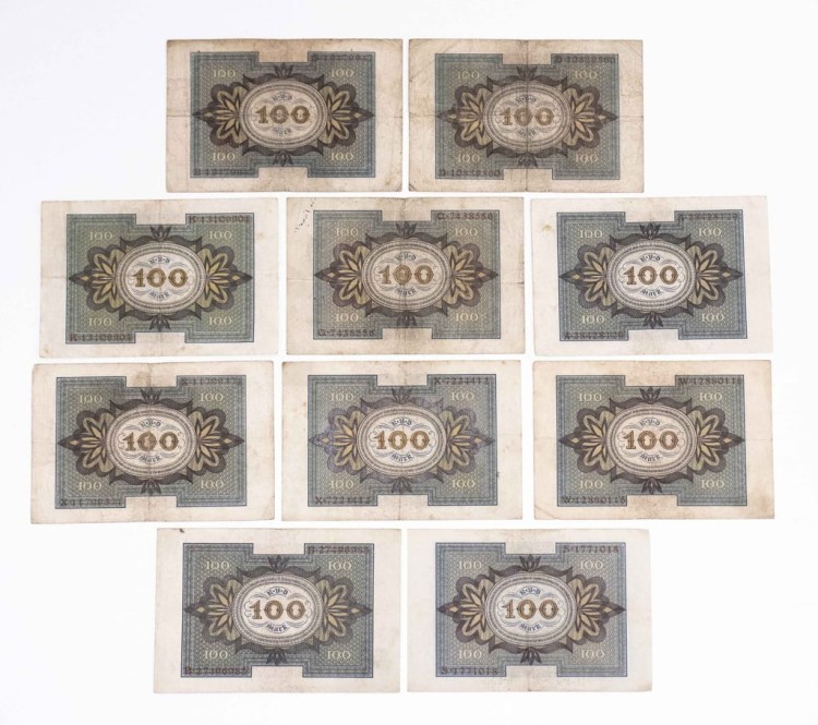 Niemcy, zestaw 10 banknotów 100 marek XI 1920