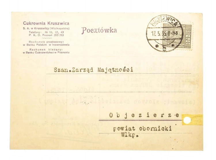 KRUSZWICA - CUKROWNIA, RACHUNEK 1933