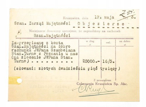 KRUSZWICA - CUKROWNIA, RACHUNEK 1933