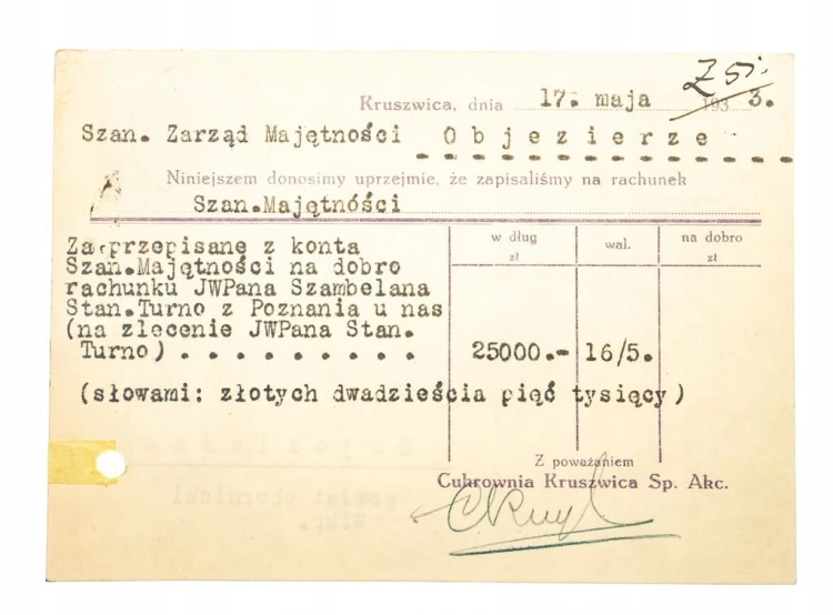 KRUSZWICA - CUKROWNIA, RACHUNEK 1933