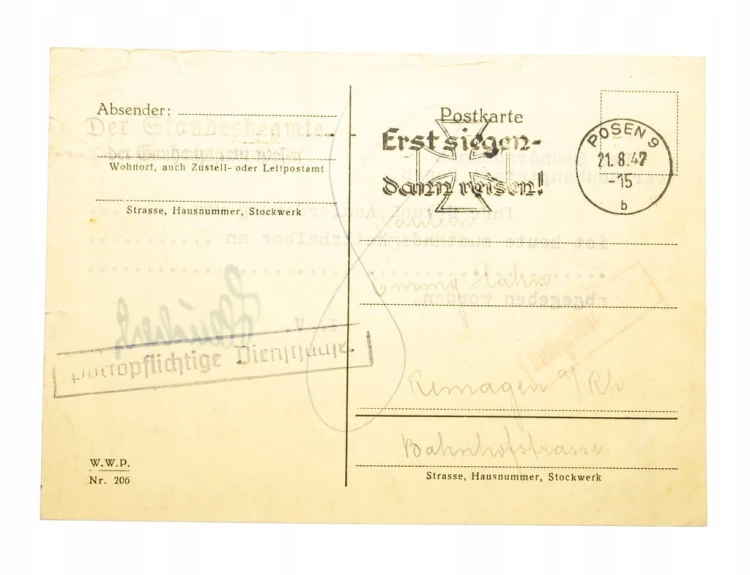 POZNAŃ - STEMPEL ERST SIEGEN DANN REISEN 1942