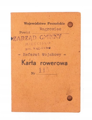 KARTA ROWEROWA - ROWER VOLDAMPF, MIEŚCISKO / WYBRANÓWKO / WĄGROWIEC 1945