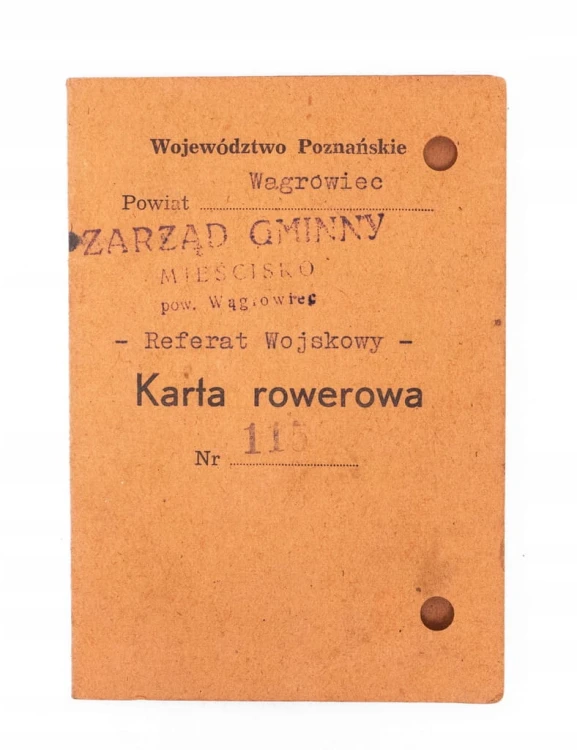 KARTA ROWEROWA - ROWER VOLDAMPF, MIEŚCISKO / WYBRANÓWKO / WĄGROWIEC 1945