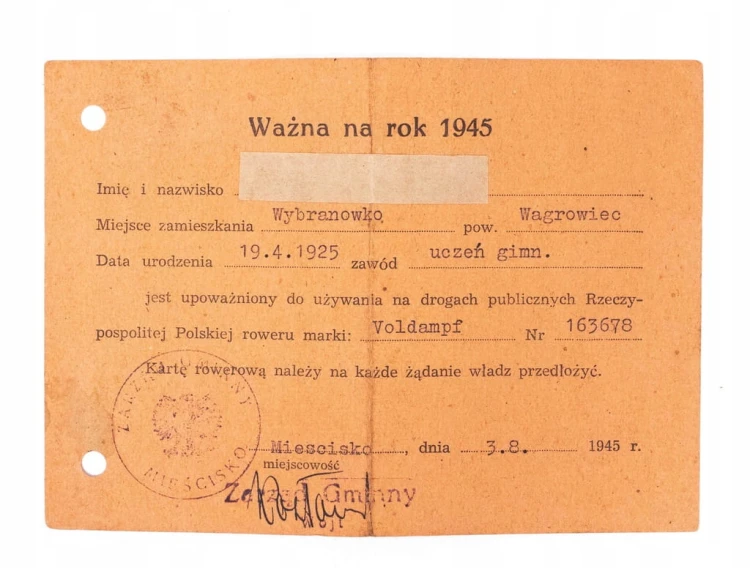 KARTA ROWEROWA - ROWER VOLDAMPF, MIEŚCISKO / WYBRANÓWKO / WĄGROWIEC 1945