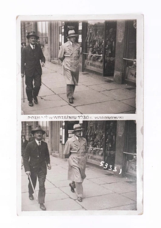 STARA FOTOGRAFIA - MĘŻCZYŹNI NA ULICY, W. TADROWSKI, SKLEP, POZNAŃ 1930