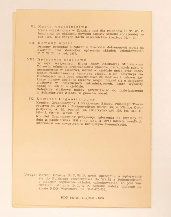 I ZJAZD POL. TOW. DO WALKI Z POLIOMYELITEM 1958
