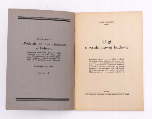 STARA KSIĄŻKA ULGI Z TYTUŁU NOWEJ BUDOWY 1936