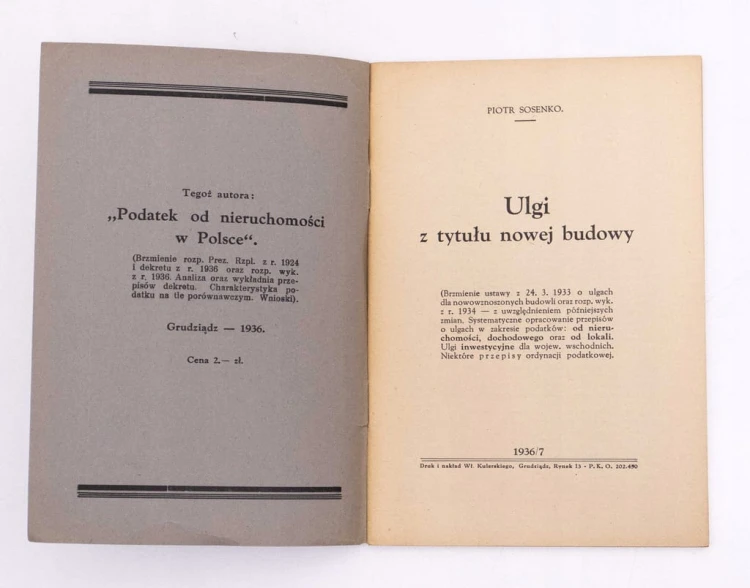 STARA KSIĄŻKA ULGI Z TYTUŁU NOWEJ BUDOWY 1936