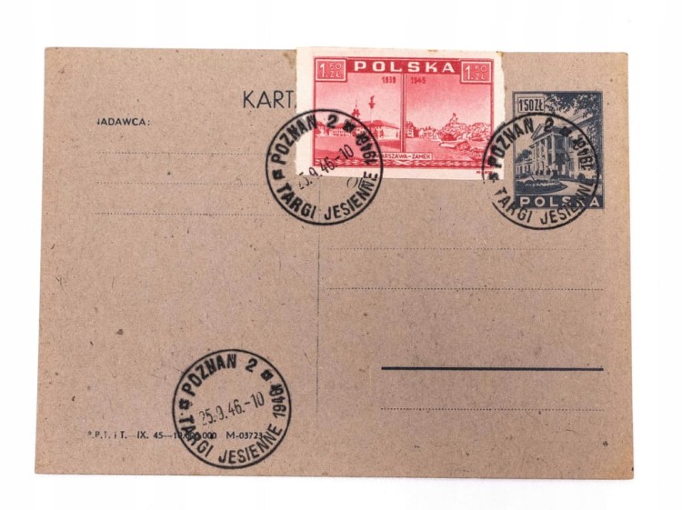 KARTKA POCZTOWA STEMPEL POZNAŃ TARGI JESIENNE 1946