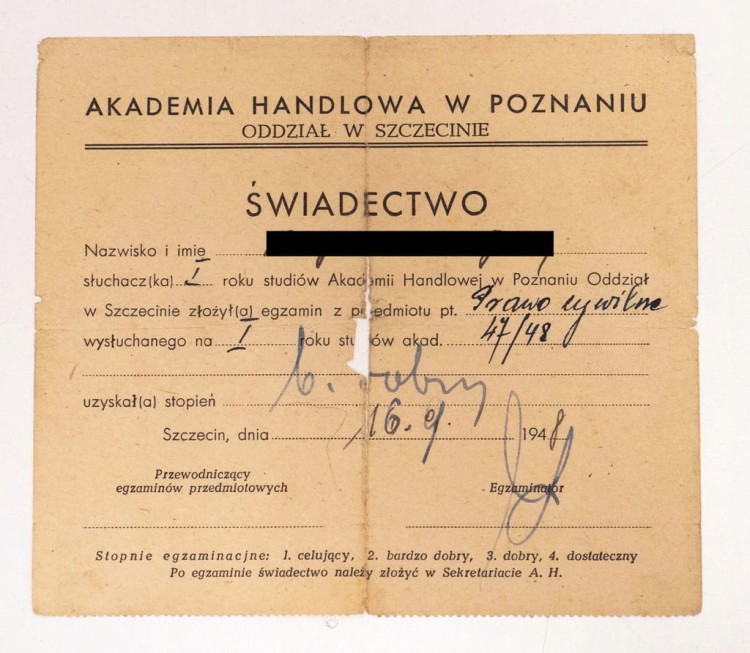 ŚWIADECTWO AKADEMIA HANDLOWA POZNAŃ SZCZECIN 1948
