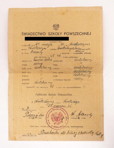 ŚWIADECTWO SZKOŁY POWSZECHNEJ - KROTOSZYN 1946