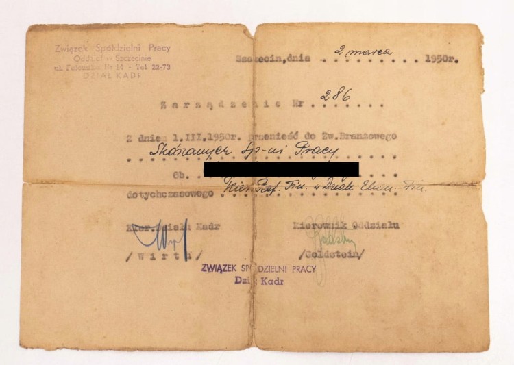 DOKUMENT - ZWIĄZEK SPÓŁDZIELNI PRACY SZCZECIN 1950