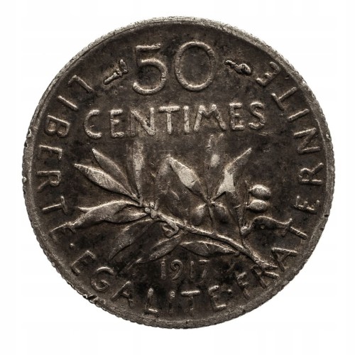 FRANCJA 50 CENTIMES 1917 ROK, st.3+ SREBRO
