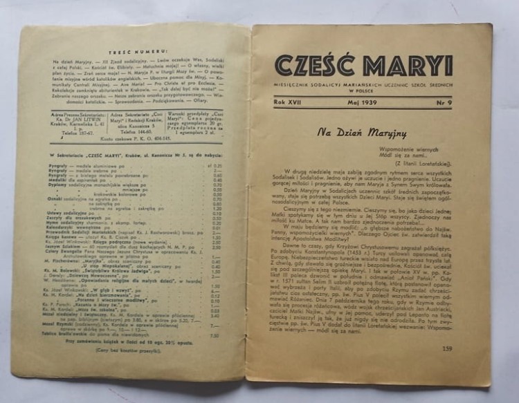 STARY MIESIĘCZNIK CZEŚĆ MARYI MAJ 1939 NR 9