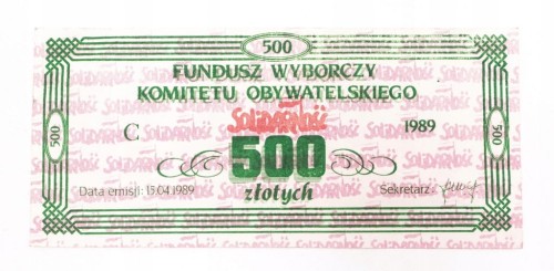Solidarność.Fundusz Wyborczy KO,500 zł, 15.04.1989