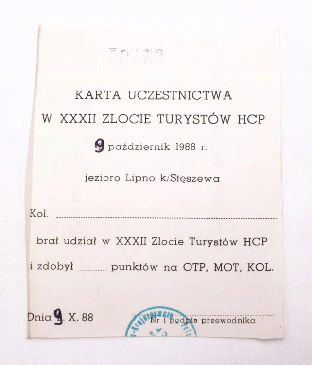KARTA UCZESTNICTWA ZLOT HCP POZNAŃ 1988 STĘSZEW