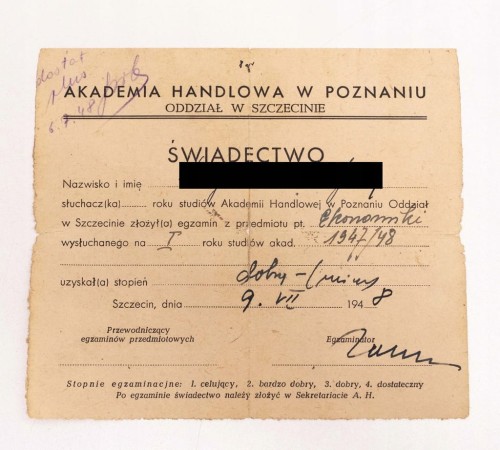 ŚWIADECTWO AKADEMIA HANDLOWA POZNAŃ SZCZECIN 1948