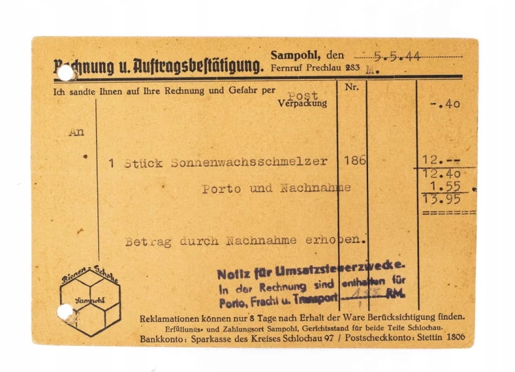 POCZTÓWKA, FIRMA PSZCZELARSKA SĄPOLNO, GORZEWO / JANOWIEC WIELKOPOLSKI 1944