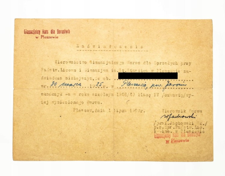 ZAŚW. GIMNAZJALNY KURS DLA DOROSŁYCH PLESZEW 1949