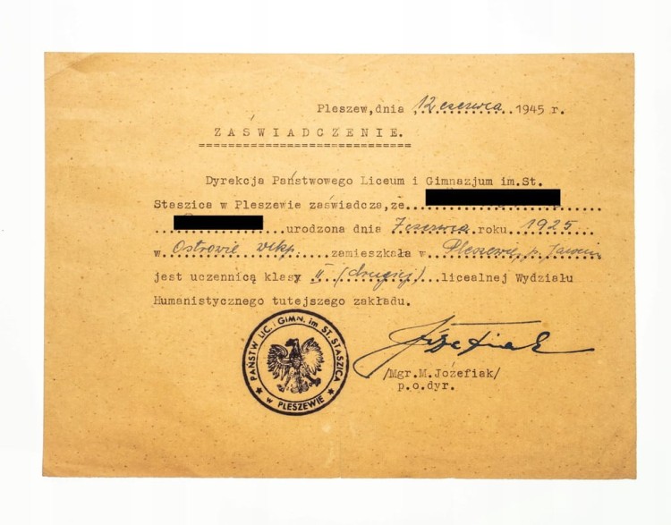 ZAŚWIADCZENIE BYCIA UCZNIEM - LICEUM PLESZEW 1945