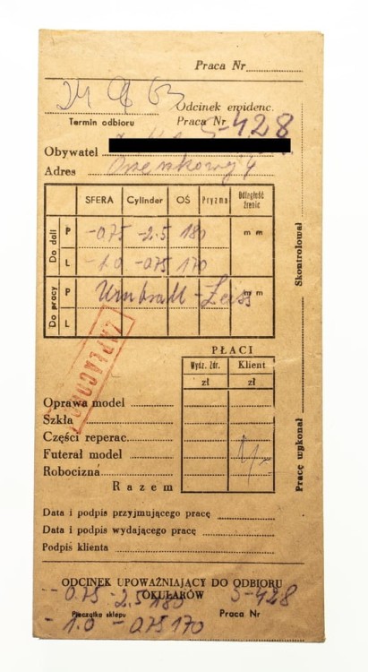 DOKUMENT BADANIA WZROKU I ODBIORU OKULARÓW 1963