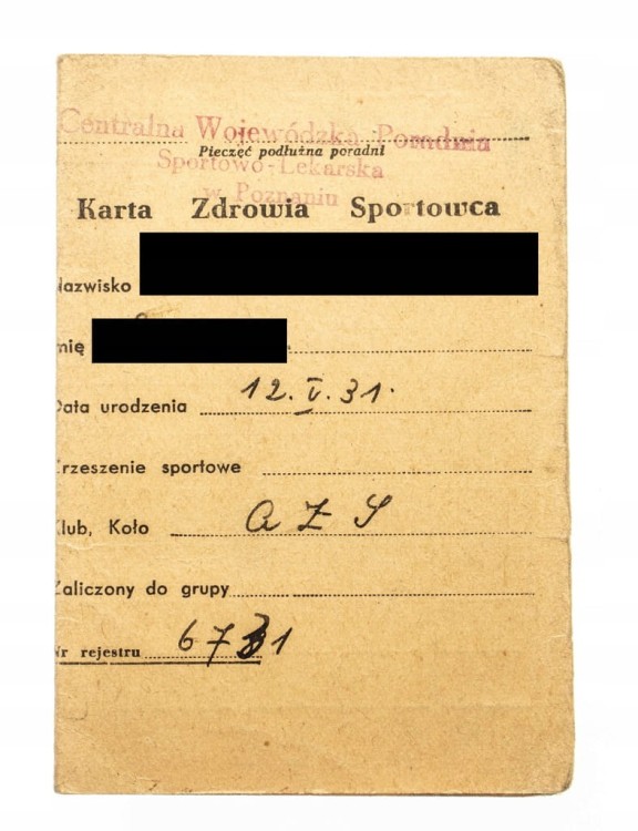STARA KARTA ZDROWIA SPORTOWCA POZNAŃ 1952