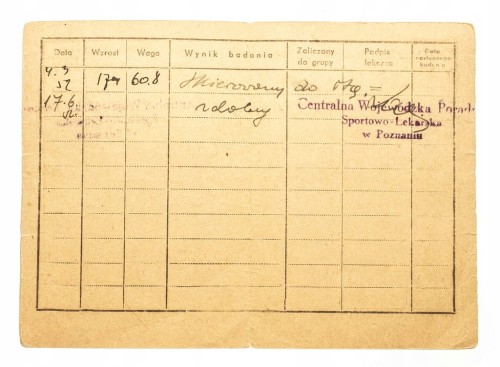 STARA KARTA ZDROWIA SPORTOWCA POZNAŃ 1952