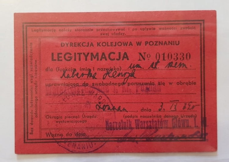 LEGITYMACJA KOLEJOWA 1935 WARSZTATY GŁÓWNE POZNAŃ