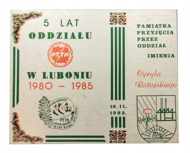 PLAKIETA 5 LAT ODZIAŁU PTTK LUBOŃ 1985