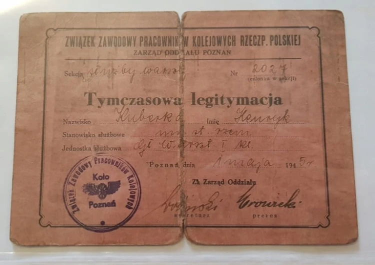 LEGITYMACJA KOLEJOWA 1945 WARSZTATY GŁÓWNE POZNAŃ