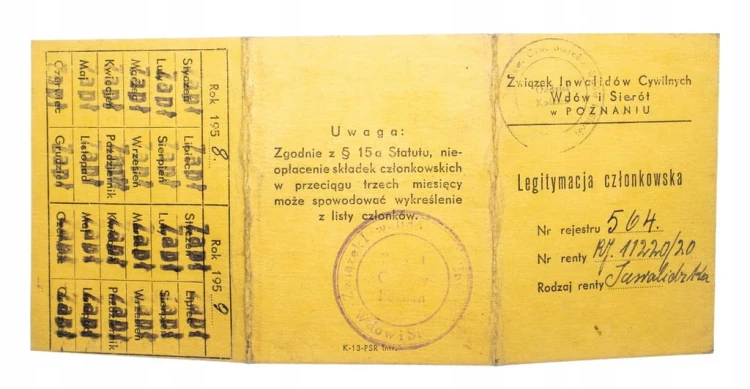 STARA LEGITYMACJA ZWIĄZEK INWALIDÓW KOŚCIAN