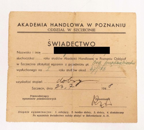 ŚWIADECTWO AKADEMIA HANDLOWA POZNAŃ SZCZECIN 1948